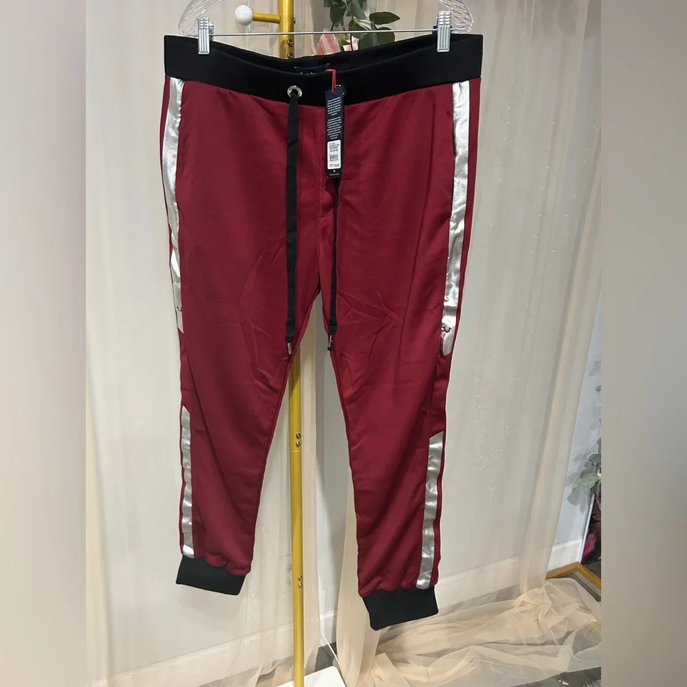 True Religion Mens Racer Jogger Pants Oxblood Silver Stripe L NWT